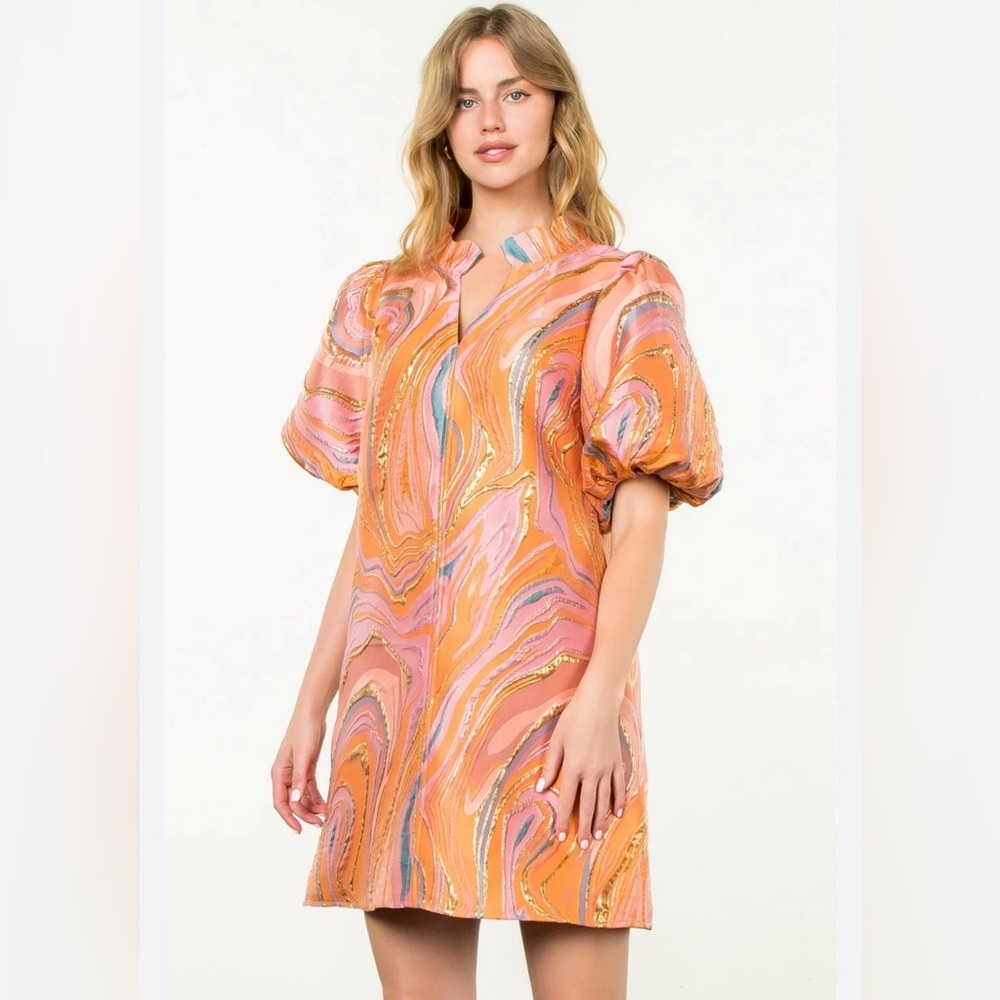 THML Vibrant Orange and Pink Puff Sleeve Dress